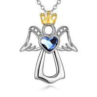 wholesale 925 Sterling Silver Blue Heart Crystal Guardian Angel Pendant Necklace Gift for Women Girls- Two Tone