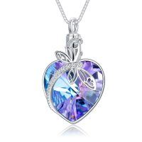 wholesale 925 Sterling Silver Purple Blue Crystal Butterfly Heart Locket Necklace for Women- Rhodium Plated