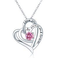wholesale 925 Sterling Silver Pink Crystal Heart I love you Forever Pendant Necklace Gifts for Mom/Wife- Rhodium Plated