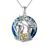 wholesale 925 Sterling Silver Blue Crystal Elephant Family Pendant with Gold Plated Baby Elephants and Tree of Life Design Necklace for Women Girls Mothers Day Gift- Rhodium And Gold Plated