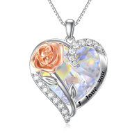 wholesale 925 Sterling Silver Crystal Rose Flower I love you Heart Pendant Necklaces Gifts for Women- rhodium