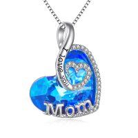 wholesale 925 Sterling Silver Blue Crystal I Love You Mom Heart Pendant Necklace for Women- Rhodium Plated