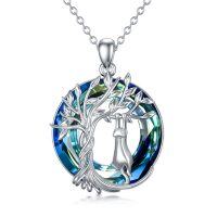 wholesale 925 Sterling Silver Blue Crystal Tree of Life Cat Pendant Necklace- Rhodium Plated