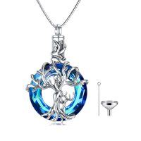 wholesale 925 Sterling Silver Blue Crystal Tree of Life Cremation Jewelry Urn Pendant Necklace with Funnel and Fill Tool- Rhodium Plated