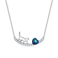wholesale 925 Sterling Silver Cat Heart Blue Crystal Pendant Necklace for Women- Rhodium Plated