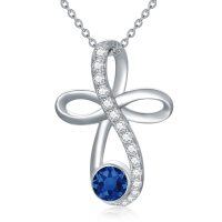 wholesale 925 Sterling Silver Blue Sapphire Infinity Cross Pendant Necklace for Women- Rhodium Plated