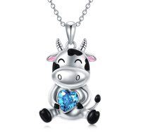 wholesale 925 Sterling Silver Austrian Blue Crystal Cow Love Pendant Necklace for Women Girls - Sliver Plated