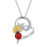 wholesale 925 Sterling Silver Sunflower & Ladybug Heart-Shaped Pendant Necklace - Christmas Gift for Her- Two Tone