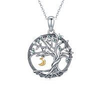 wholesale 925 Sterling Silver Oxidized Tree of Life Moon Charm Family Heritage Necklace- Silver Plated