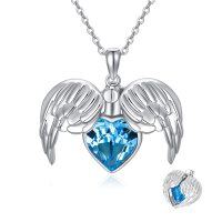 wholesale 925 Sterling Silver Heart-Shaped Blue Crystal Guardian Angel Wings Pendant Necklace Jewelry for Women and Girls- Rhodium Plated