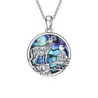 wholesale 925 Sterling Silver Round Abalone Shell Wolf Pendant Necklace for Women- Rhodium Plated