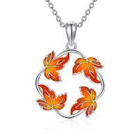 wholesale 925 Sterling Silver Orange Maple Leaf Circle Pendant Necklace with Chain - Jewelry for Women and Girls (Gift Box Included)- Silver Plated