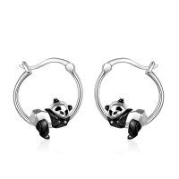 wholesale 925 Sterling Silver Panda Hoop Earrings with Black Crystal Accents for Women- Rhodium Plated