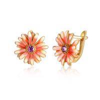 wholesale Gold 925 Sterling Silver Pink Daisy Hoop Earrings with Purple Center Stones for Women - Gold Plated