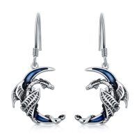 wholesale 925 Sterling Silver Blue Enamel Dragon Crescent Moon Drop Earrings Gifts for Her- Oxidized/Oxidised
