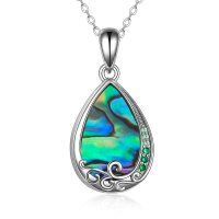 wholesale 925 Sterling Silver Abalone Shell Teardrop Pendant Necklace with Emerald Accents - Memorial Urn Keepsake Jewelry for Women- Silver Plated