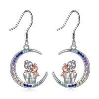 wholesale 925 Sterling Silver Moon & Sisters Hug Charm Dangle Earrings Gift for Sister- Silver Plated