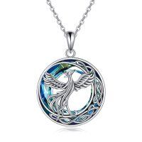 wholesale 925 Sterling Silver Blue Crystal Phoenix Dragon Round Pendant Necklace Jewelry- Rhodium Plated