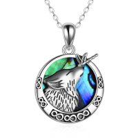 wholesale 925 Sterling Silver Round Abalone Shell Unicorn Pendant Necklace for Women- Oxidized/Oxidised