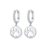 wholesale 925 Sterling Silver Hypoallergenic Hoop Earrings with Dog or Cat Paw Print Charm for Women- Silver Plated