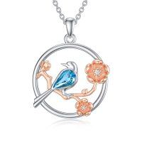 wholesale 925 Sterling Silver Blue Crystal Bird & Flower Charm Necklace Gift for Women Sisters Moms Friends- Rhodium And Rose Gold Plated