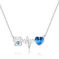 wholesale 925 Sterling Silver Blue Crystal Dog Paw & Heartbeat Pendant Necklace Gift for Women and Girls- Rhodium Plated
