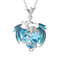 wholesale 925 Sterling Silver Blue Crystal Dragon Pendant Necklaces with Birthstones for Women Gifts- Rhodium Plated