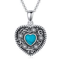 wholesale 925 Sterling Silver Turquoise Heart Pendant with Floral Design and Chain - Customizable Photo Lockets for Women- Oxidized/Oxidised