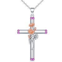 wholesale 925 Sterling Silver Pink Sapphire Floral Cross Pendant Necklace s for Women- Rhodium And Rose Gold Plated
