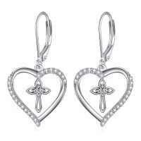 wholesale 925 Sterling Silver Heart with Cross Leverback Dangle Earrings for Women and Girls- Rhodium Plated