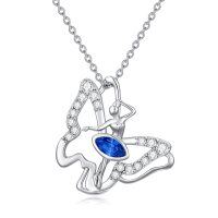 wholesale 925 Sterling Silver Butterfly Blue Crystal Pendant Necklace 40cm Chain s for Women Girls- Silver Plated
