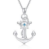 wholesale 925 Sterling Silver Blue Crystal Sailor Nautical Anchor Pendant Necklace for Women- Silver Plated