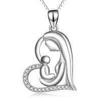 wholesale 925 Sterling Silver Mother and Child Heart Shape Crystal Pendant Necklace for Women- Silver Plated