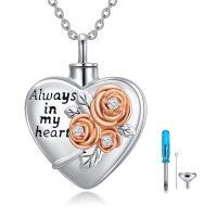 wholesale 925 Sterling Silver Heart Shaped Keepsake Pendant with 3D Roses and Crystals - Always in My Heart Memorial Urn Necklace- Rhodium And Rose Gold Plated
