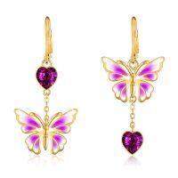 wholesale Gold-Plated 925 Sterling Silver Austrian Crystal Butterfly Drop Earrings with Purple Enamel - Birthday Gift for Her- Gold Plated
