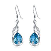 wholesale 925 Sterling Silver Teardrop Blue Crystal Butterfly Dangle Earrings for Women- Rhodium Plated