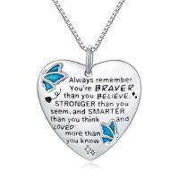wholesale 925 Sterling Silver Blue Enamel Butterfly Heart Pendant Necklace for Women- Rhodium Plated