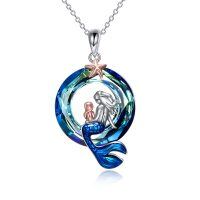 wholesale 925 Sterling Silver Blue Crystal Mermaid Starfish Pendant Necklace for Women- Rhodium And Rose Gold Plated
