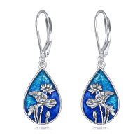 wholesale 925 Sterling Silver Blue Enamel Flower Drop Earrings- Rhodium Plated