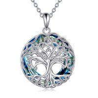 wholesale 925 Sterling Silver Round Blue Crystal Tree of Life Pendant Necklace for Women- Rhodium Plated