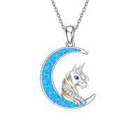 wholesale 925 Sterling Silver Blue Fire Opal Crescent Moon & Unicorn Necklace for Girls and Women's s- Rhodium Plated