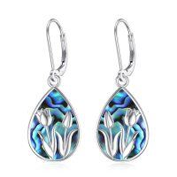 wholesale 925 Sterling Silver Abalone Shell Tulip Flower Teardrop Leverback Earrings- Rhodium Plated