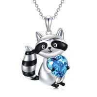 wholesale 925 Sterling Silver Blue Crystal Raccoon Heart Pendant Necklaces for Women Gifts- Silver Plated