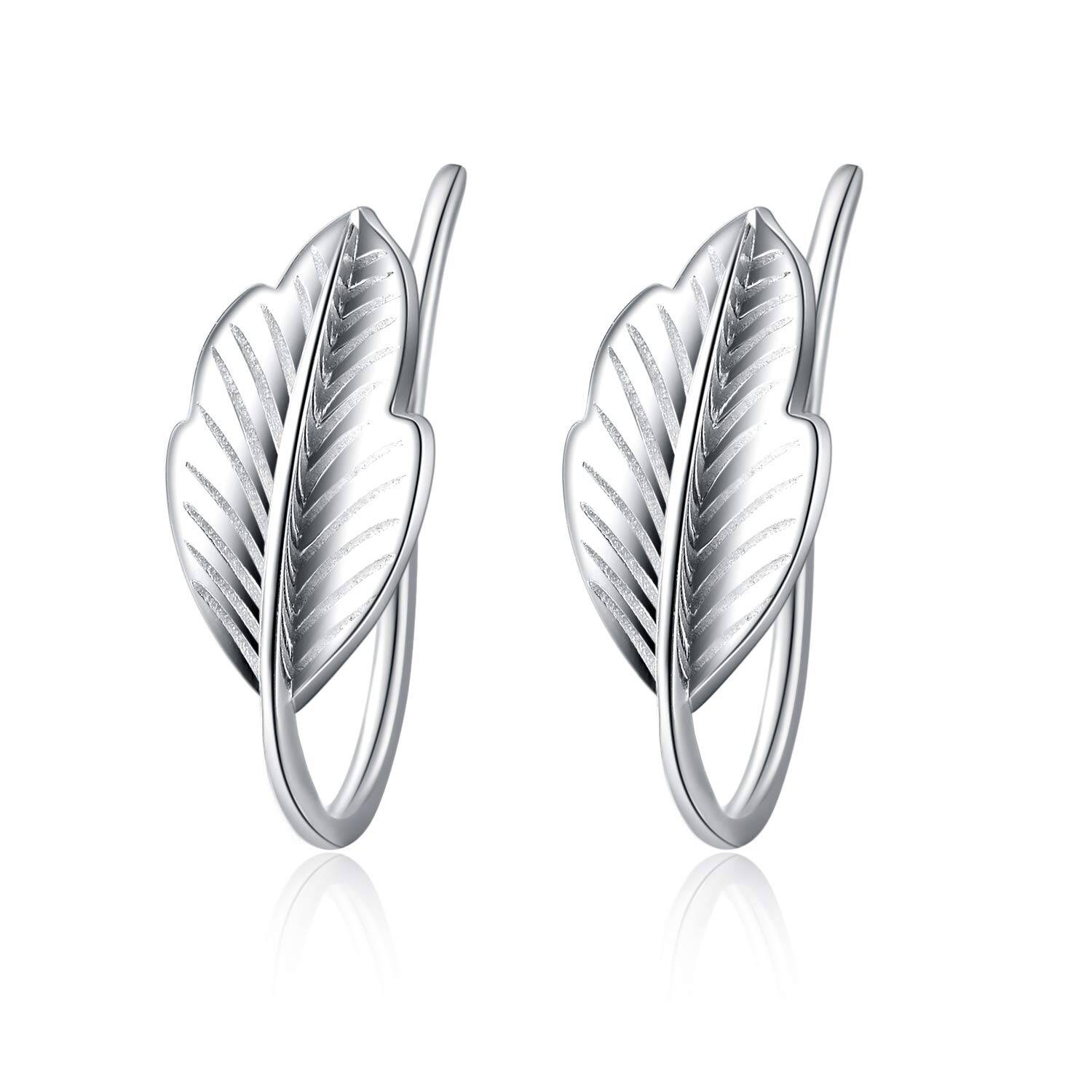 Sterling Silver Leaf Small Ear Climber Crawler Cuff Hook Hypoallergenic Earrings - Silver Plated- Silver Plated
