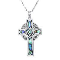 wholesale 925 Sterling Silver Celtic Cross Abalone Shell Inlay Pendant Necklace for Men Women Surfing  48cm Chain Length- Rhodium Plated