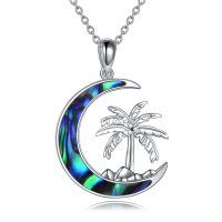 wholesale 925 Sterling Silver Abalone Shell Crescent Moon with Coconut Palm Tree Pendant Necklace for Women- Rhodium Plated