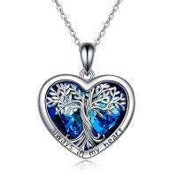 wholesale 925 Sterling Silver Blue Crystal Heart Tree of Life Pendant Necklace Gift- Rhodium Plated