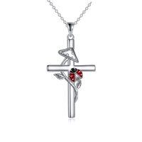 wholesale 925 Sterling Silver Cross with Red Ladybug and Mushroom Charm Pendant Necklace for Women Mother's Day Gifts- Rhodium Plated