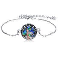 wholesale 925 Sterling Silver Moon Wolf Link Chain Ankle Bracelet w/ Abalone Shell & Stars for Women Teen Girls- Oxidized/Oxidised