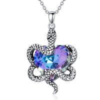 wholesale 925 Sterling Silver Purple Crystal Heart-Shaped Snake Pendant Necklace for Women s- Oxidized/Oxidised